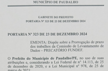 Paudalho prorroga trabalhos da comissão de levantamento de dados sobre os precatórios do FUNDEF